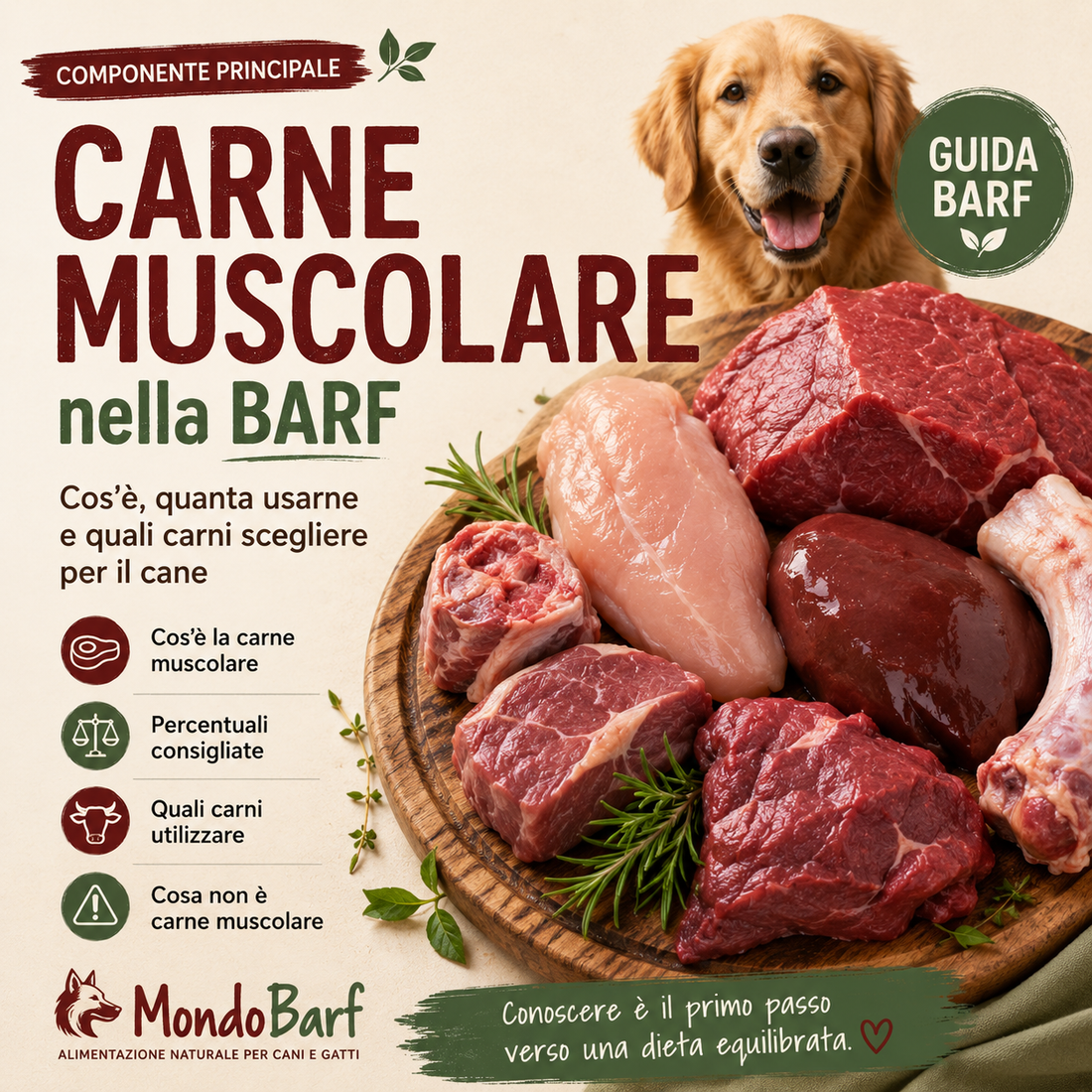 Carne Muscolare nella BARF: cos’è, quanta usarne e quali carni scegliere per il cane