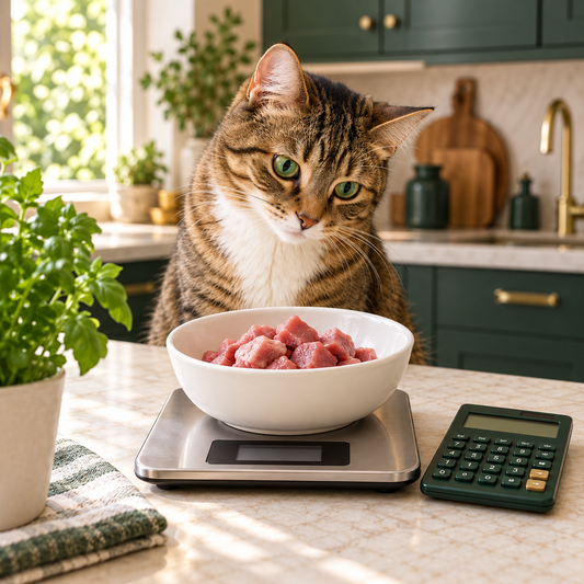 Gatto davanti a una ciotola di carne cruda su una bilancia da cucina, con una calcolatrice per calcolare la razione BARF giornaliera.